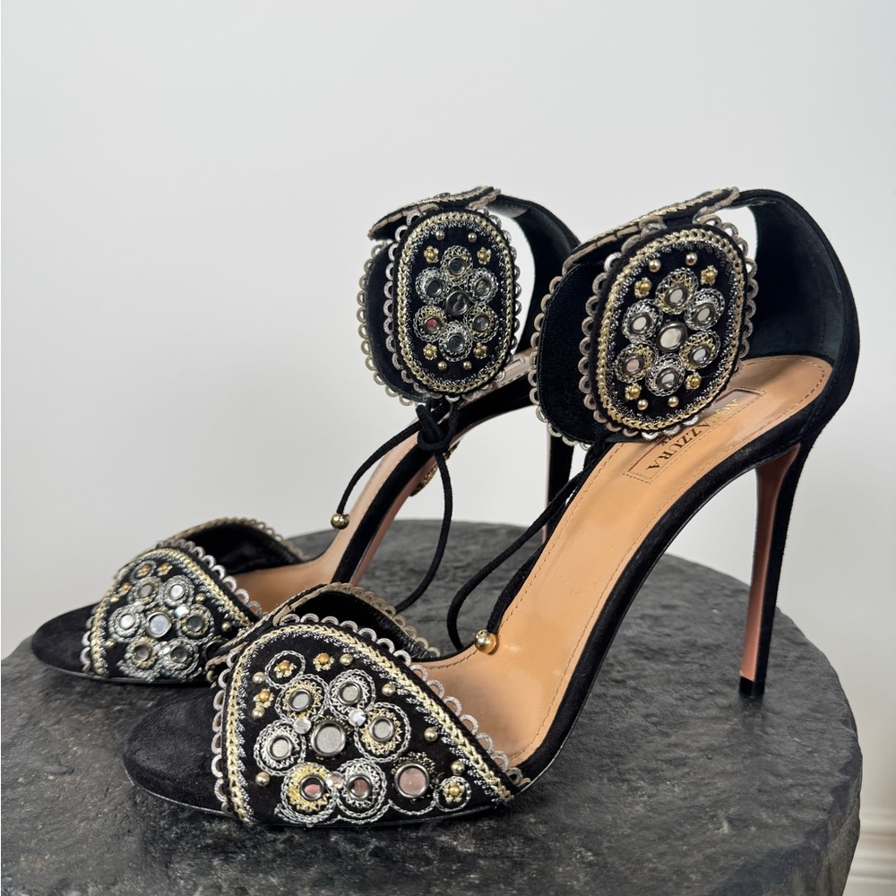 Aquazzura Embroidered Jewel Ankle Cuff Sandals Black Suede Heels Size 9